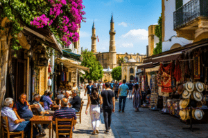 Çiçeklerle süslü dar sokakta turistlerin yürüdüğü, dükkânların ve minarelerin bulunduğu tarihi bir alan.