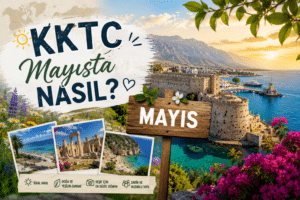 Akdeniz kıyısında kale ve liman manzarası, çiçekler ve tahta tabelada Mayıs yazısı olan KKTC duyuru görseli