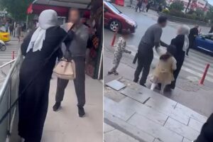 Sokakta iki kişi ve kırmızı ışıklı bir noktada yere serili bıçaklar ile polis bekleyen görünümler