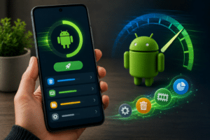 Bir elde tutulan ekranda Android hızlandırma simgesi ve arkada Android robot ile hız göstergeleri bulunuyor.