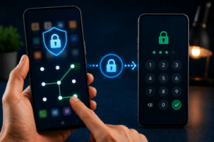 Bir elde tutulan Android telefon ekranında kilit ve bağlantı simgeleri, diğer telefonda sayı tuş takımı görünüyor.
