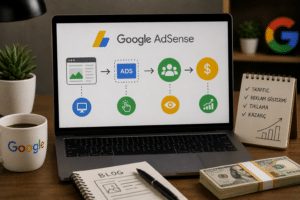 Google AdSense yazılı dizüstü bilgisayar ekranında reklam akışı ve para simgesi gösterimi