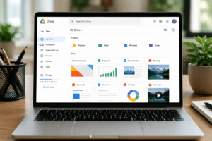 Google Drive açık bir dizüstü bilgisayarda dosya ve klasörlerin görüntülendiği ekran.