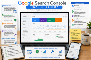 Google Search Console arayüzü açık bir dizüstü bilgisayar ve yanında telefon, kupa ve kontrol listesi görünüyor.