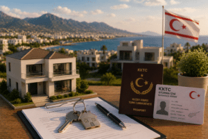 Masa üzerinde anahtar, tapu evrakı ve KKTC oturma izni ile pasaport, arka planda Türk bayrağı ve şehir manzarası
