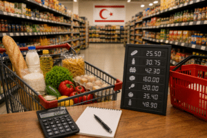 Market kasasında sebze ve gıda dolu alışveriş sepeti ile ekranda görünen fiyatları gösteren yazı paneli
