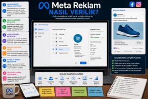 Meta Reklam nasıl verilir görseli, laptop ekranında kampanya ayarları, yanlarda reklam örneği ve kontrol listesi bulunuyor.