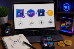 Laptop ekranında NFT’den alışveriş sepeti ve para simgesine uzanan görsel, yanında kripto ekranı ve madeni paralar var