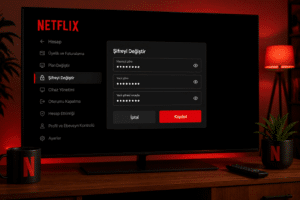 Netflix hesap menüsünde Şifreyi Değiştir ekranı, mevcut ve yeni şifre alanları açık görünüyor
