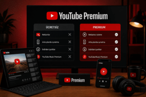 YouTube Premium ekranı, solda ÜCRETSİZ sağda PREMIUM seçenekleri, laptop, telefon ve kulaklıklar görünüyor.