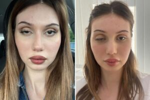 İki panelde genç bir kadın yüzünün yakın plan fotoğrafı, biri araçta biri ev içinde gün ışığında.