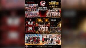 Basketbol takımları ve şampiyonluk afişlerinin yer aldığı collage, CAESAR LARNACA ve GENÇLER BİRLİĞİ görselleri.