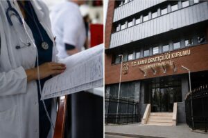 Doktorun EKG kağıdını tutması ve T.C. Kamu Denetçiliği Kurumu binasının girişi görünüyor.