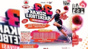 Basketbol topu olan bir afişte koşan bir oyuncu ve 3x3 sokak basketbolu turnuvası yazıları yer alıyor