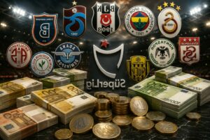 Stadyum zemininde altın para ve euro banknot yığınları, üzerinde futbol kulübü armaları ve büyüteç simgesi yer alıyor.